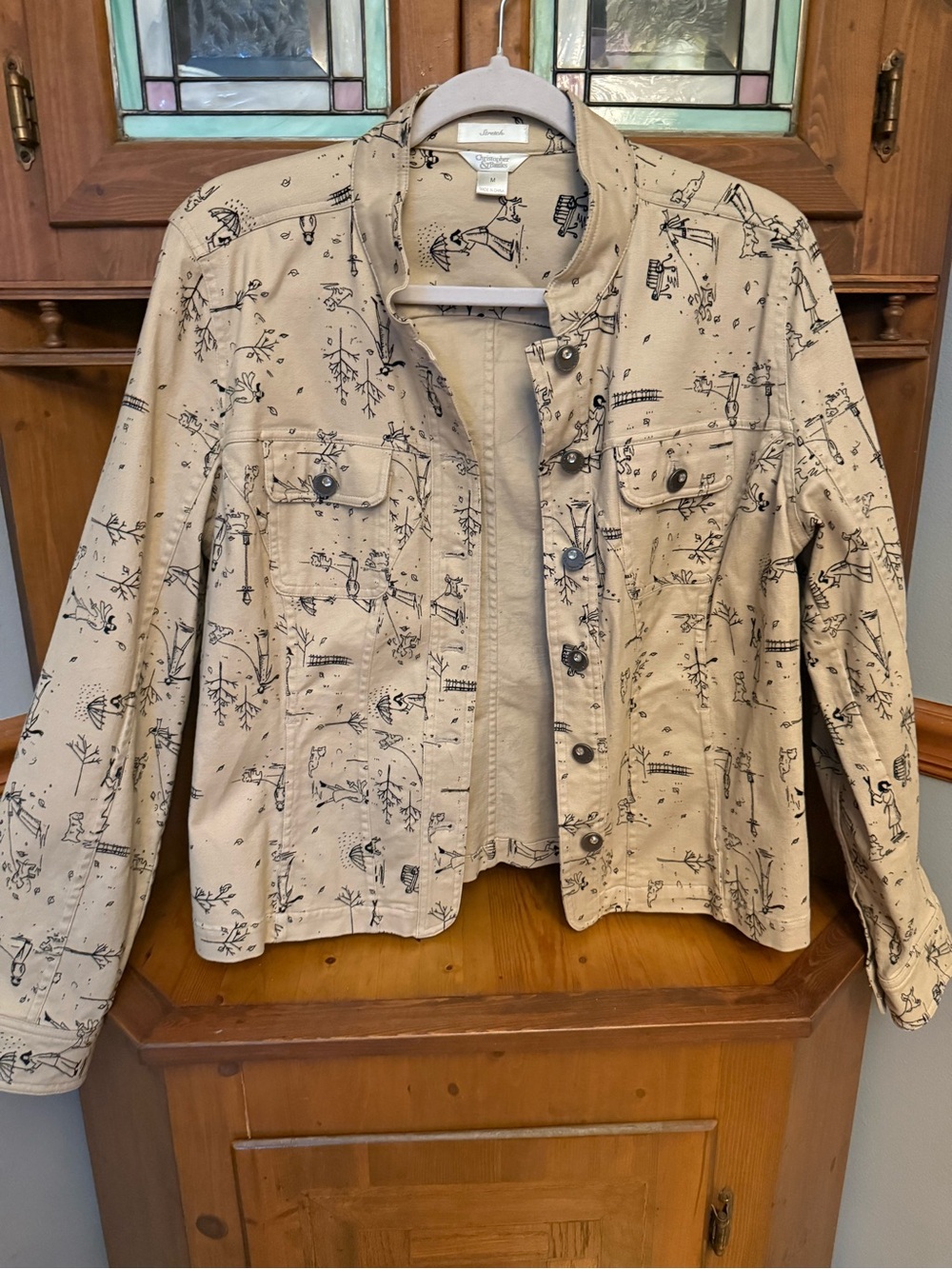Christopher & Banks Tan Stretch novelty, print sketch drawing denim jacket M